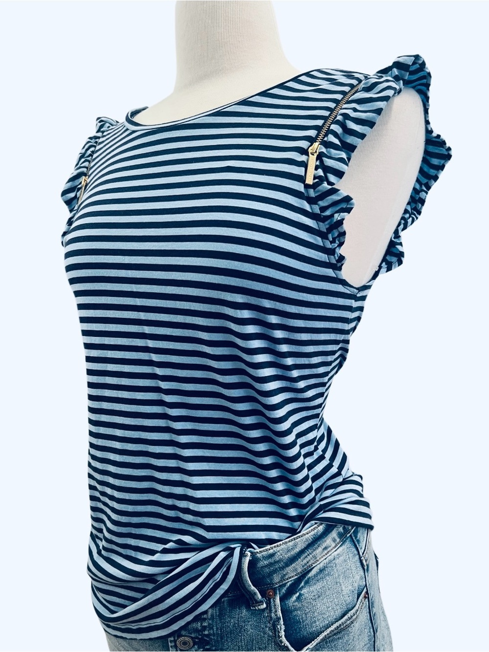 MICHAEL KOR- Striped Blue Ruffle Sleeve Tank Top